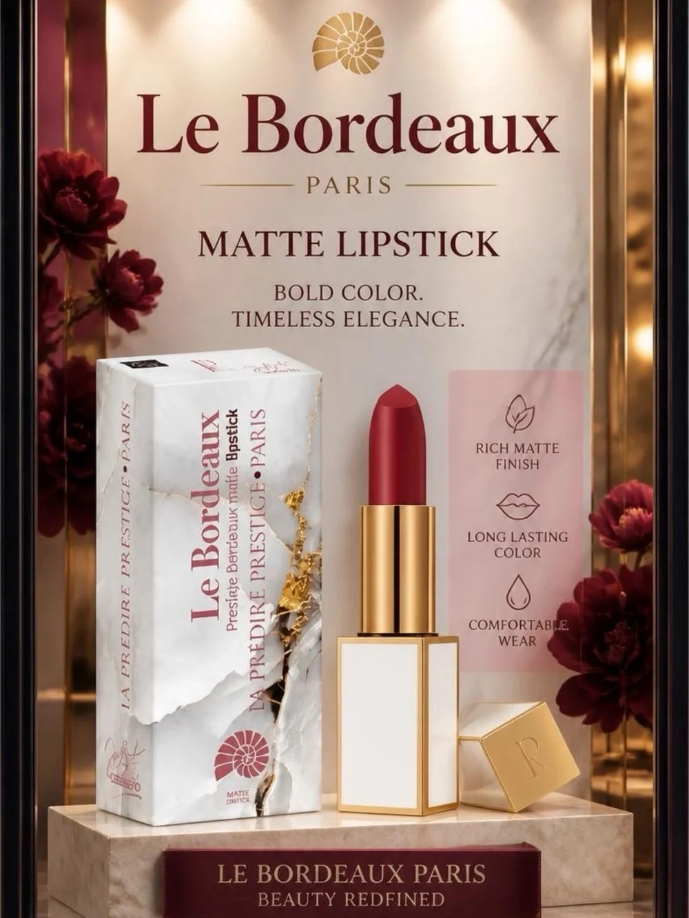Bordeaux Matte Lipstick — Deep Rose Red
